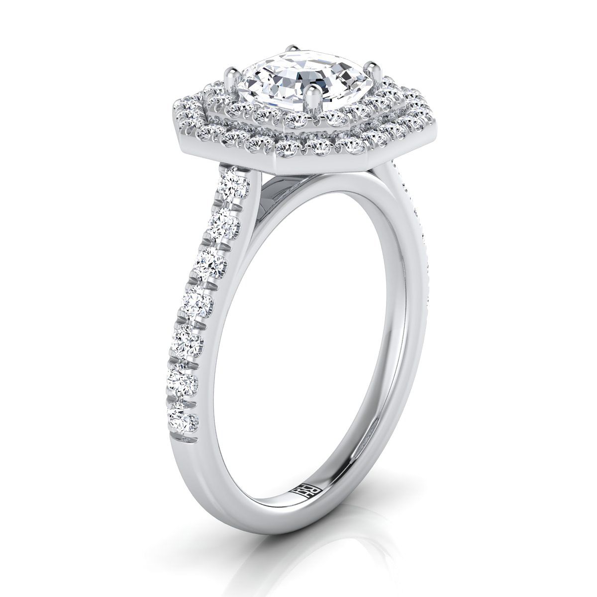 14K White Gold Asscher Cut Double Pave Halo with Linear Diamond Engagement Ring -7/8ctw