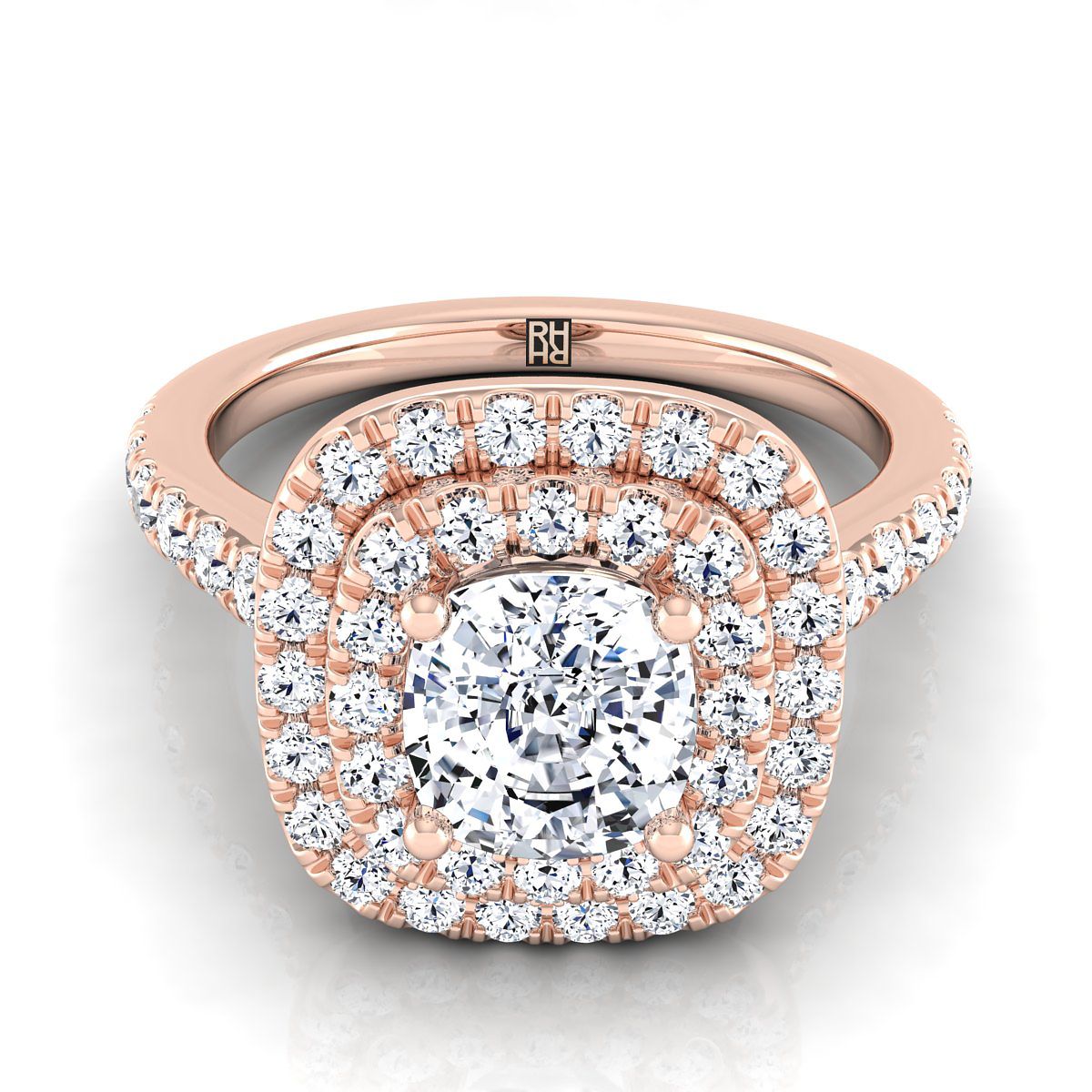 14K Rose Gold Cushion Double Pave Halo พร้อมแหวนหมั้นเพชรเชิงเส้น -3/4ctw