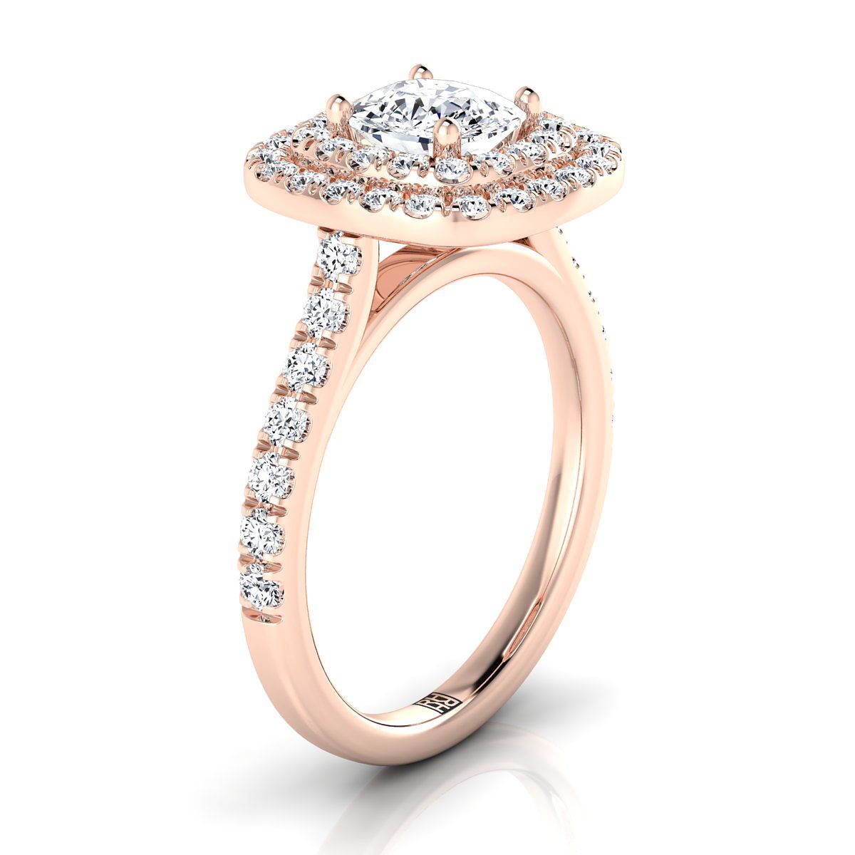 14K Rose Gold Cushion Double Pave Halo พร้อมแหวนหมั้นเพชรเชิงเส้น -3/4ctw