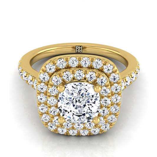 18K Yellow Gold Cushion Double Pave Halo with Linear Diamond Engagement Ring -3/4ctw