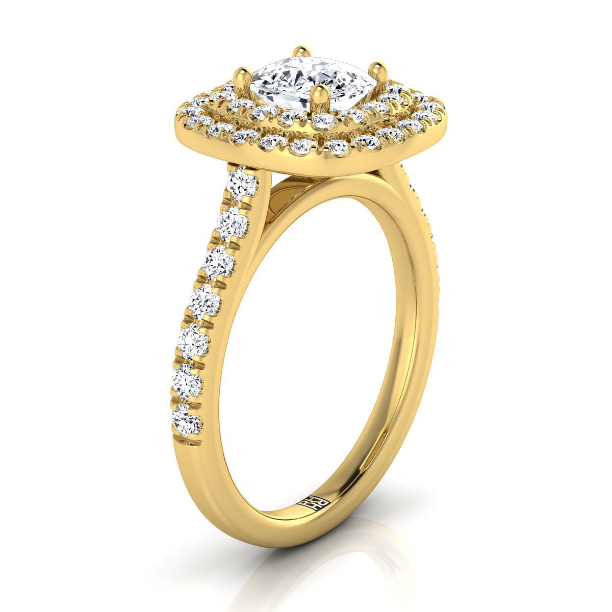 14K Yellow Gold Cushion Double Pave Halo with Linear Diamond Engagement Ring -3/4ctw