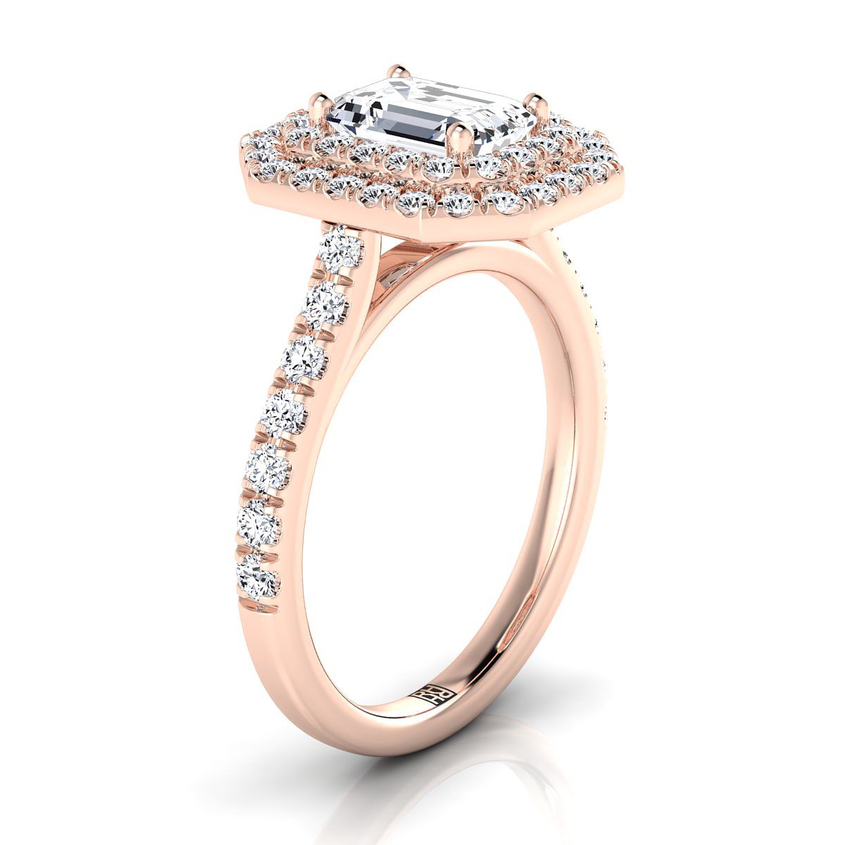 14K Rose Gold Emerald Cut Double Pave Halo พร้อมแหวนหมั้นเพชรเชิงเส้น -7/8ctw