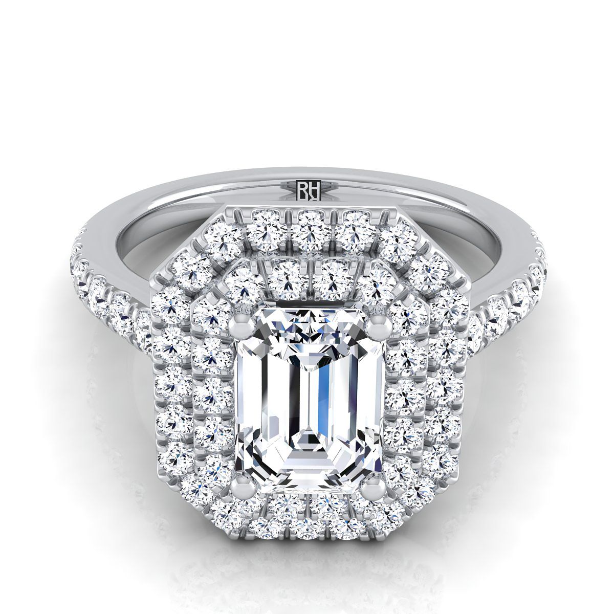 Platinum Emerald Cut Double Pave Halo พร้อมแหวนหมั้นเพชรเชิงเส้น -7/8ctw