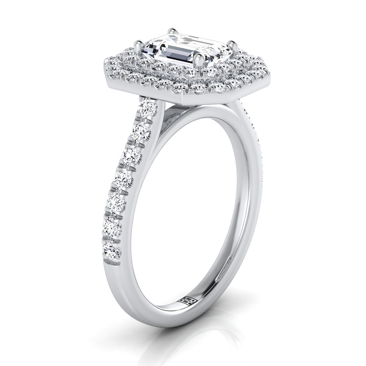 14K White Gold Emerald Cut Double Pave Halo with Linear Diamond Engagement Ring -7/8ctw