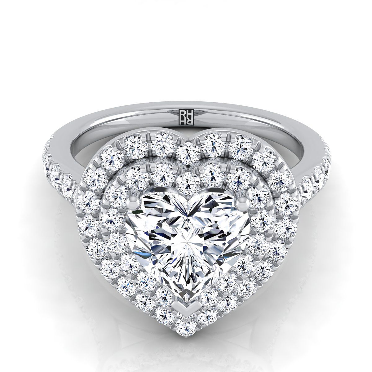 Platinum Heart Shape Center Double Pave Halo พร้อมแหวนหมั้นเพชรเชิงเส้น -7/8ctw