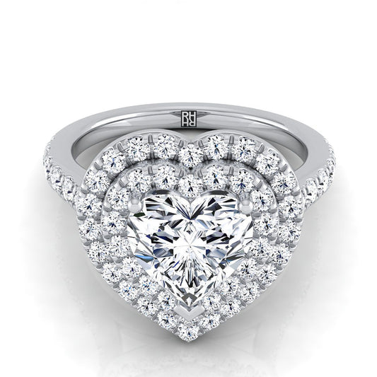 Platinum Heart Shape Center Double Pave Halo พร้อมแหวนหมั้นเพชรเชิงเส้น -7/8ctw