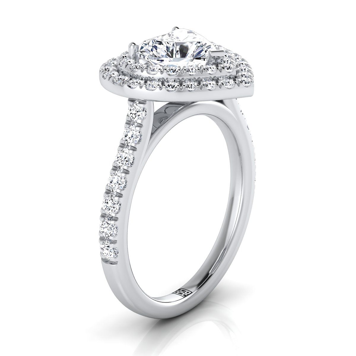 14K White Gold Heart Shape Center Double Pave Halo with Linear Diamond Engagement Ring -7/8ctw