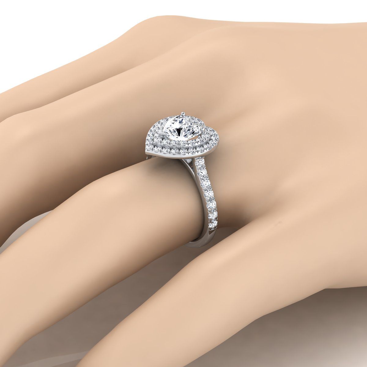 14K White Gold Heart Shape Center Double Pave Halo with Linear Diamond Engagement Ring -7/8ctw