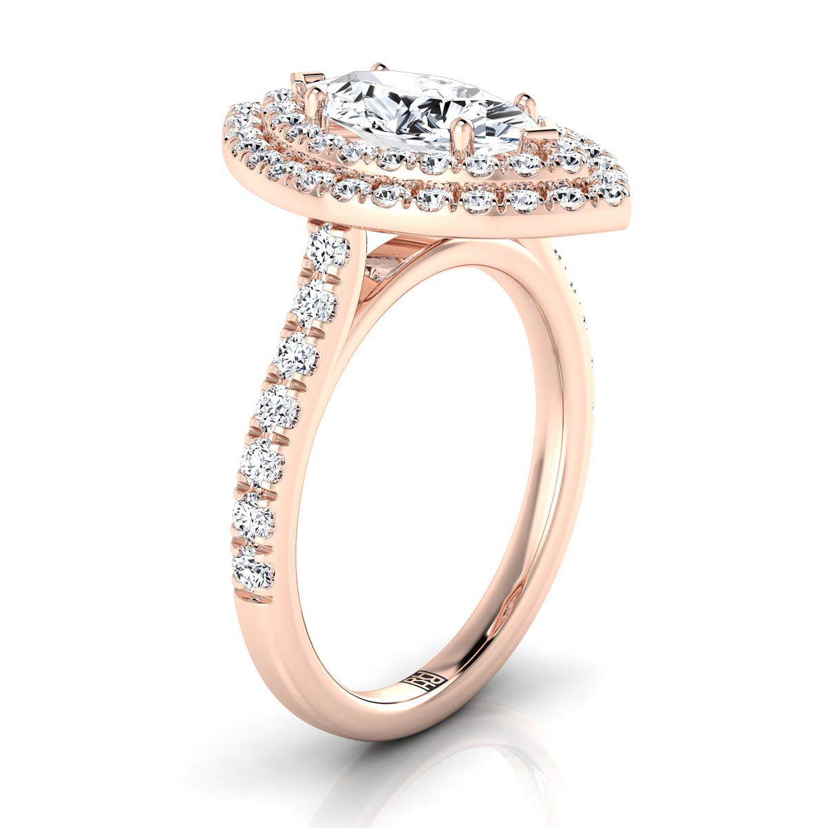 14K Rose Gold Marquise Double Pave Halo พร้อมแหวนหมั้นเพชรเชิงเส้น -7/8ctw