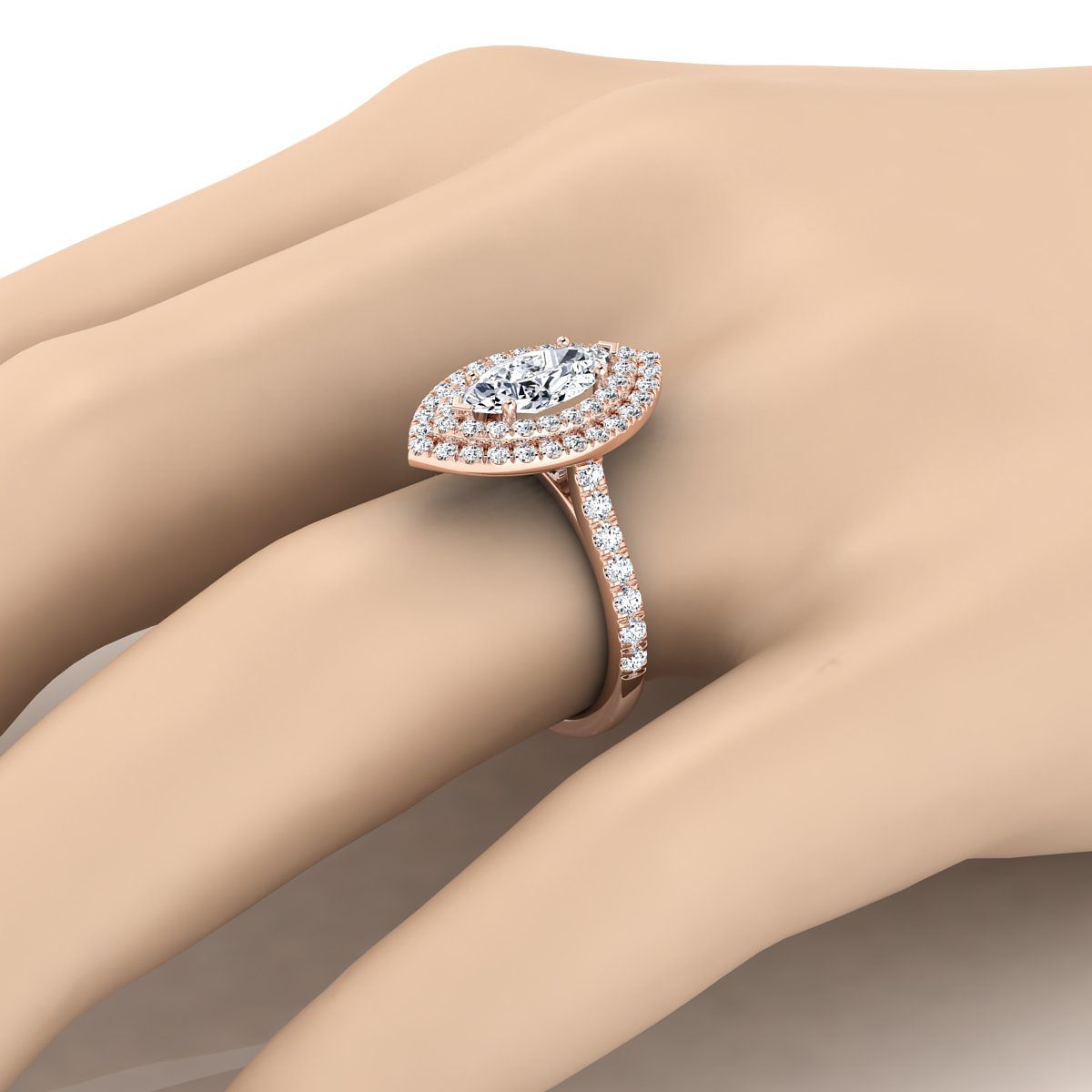 14K Rose Gold Marquise Double Pave Halo พร้อมแหวนหมั้นเพชรเชิงเส้น -7/8ctw