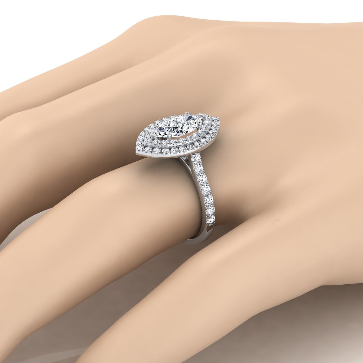 ทองคำขาว 14K Marquise Double Pave Halo พร้อมแหวนหมั้นเพชรเชิงเส้น -7/8ctw