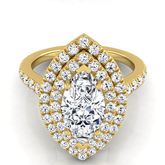 14K Yellow Gold Marquise  Double Pave Halo with Linear Diamond Engagement Ring -7/8ctw