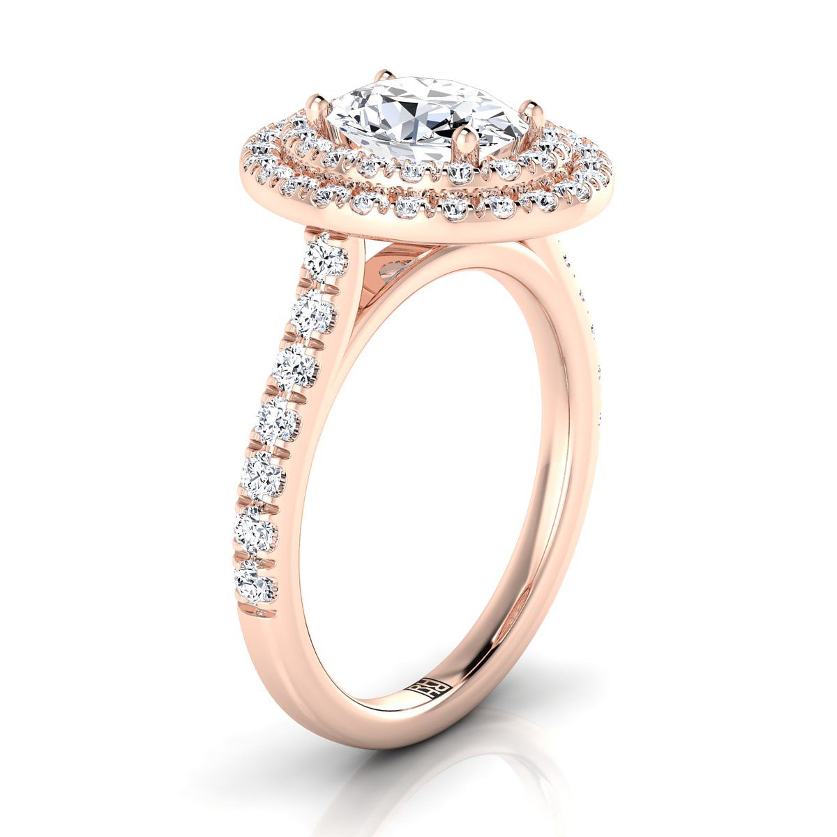 14K Rose Gold Oval Double Pave Halo with Linear Diamond Engagement Ring -7/8ctw