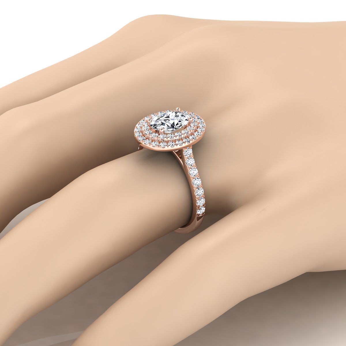 14K Rose Gold Oval Double Pave Halo พร้อมแหวนหมั้นเพชรเชิงเส้น -7/8ctw