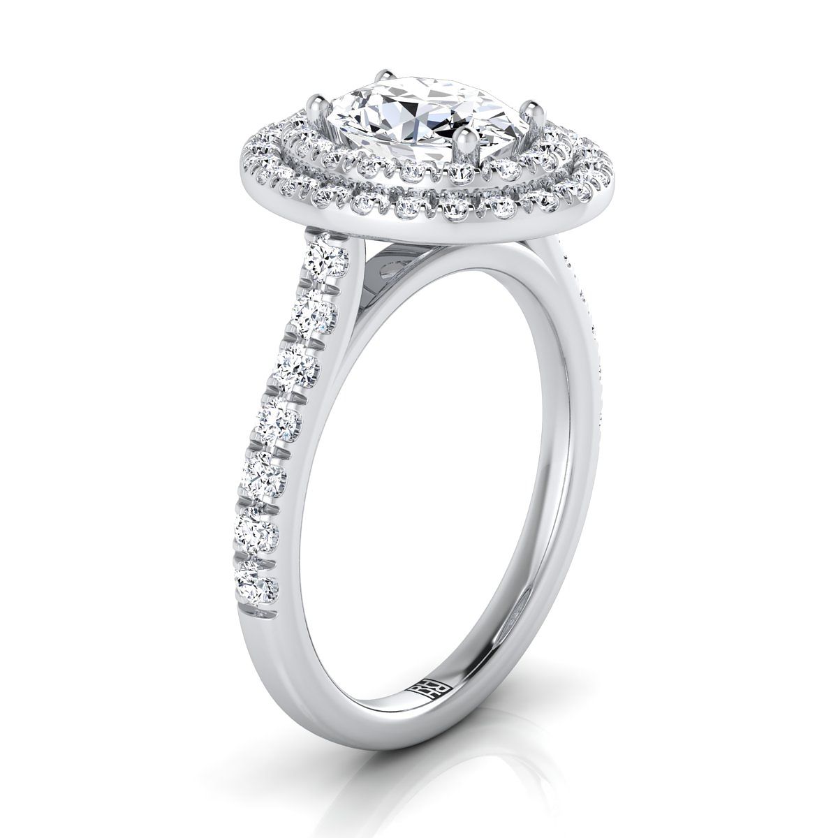 Platinum Oval Double Pave Halo พร้อมแหวนหมั้นเพชรเชิงเส้น -7/8ctw