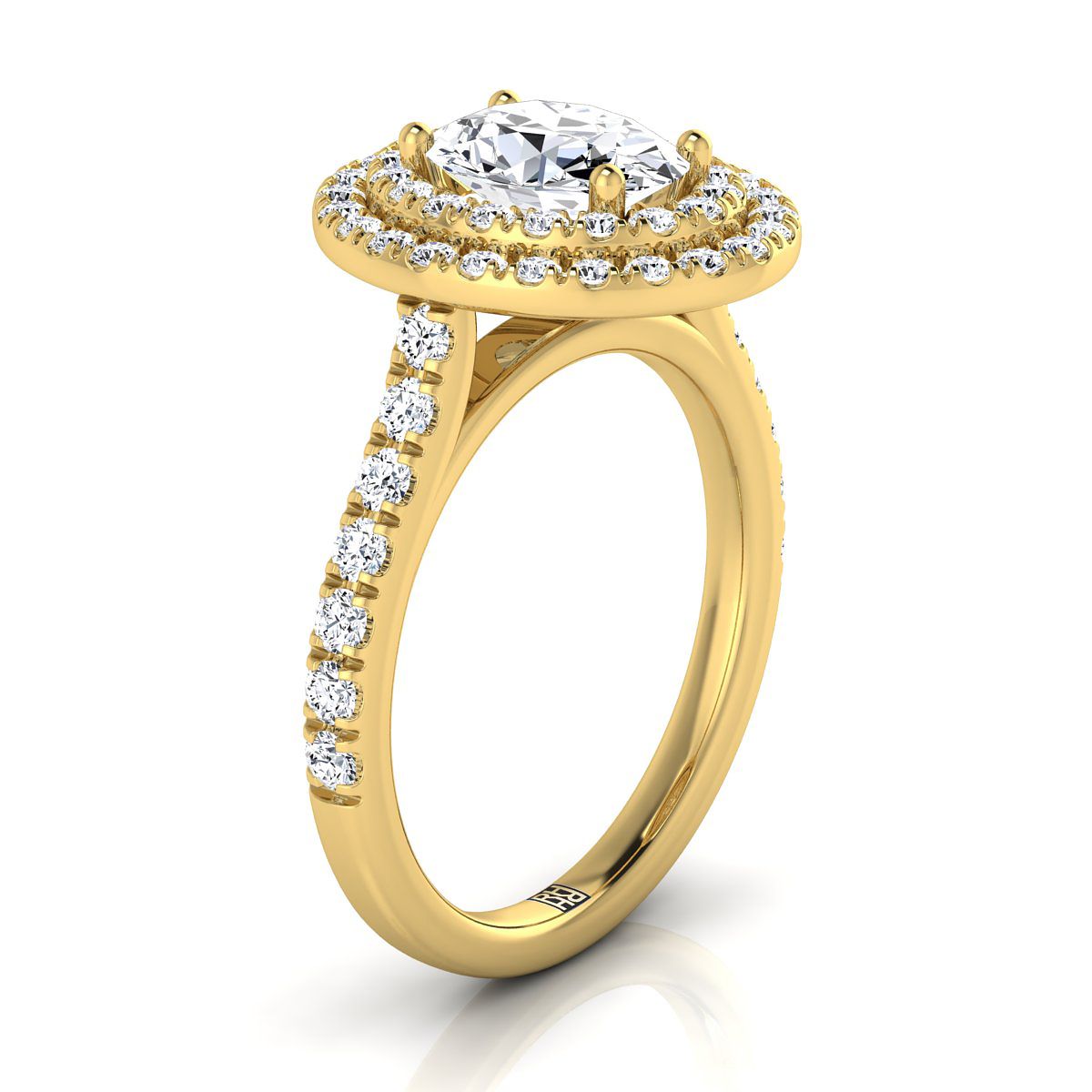 14K Yellow Gold Oval Double Pave Halo with Linear Diamond Engagement Ring -7/8ctw