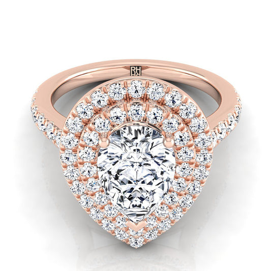 14K Rose Gold Pear Shape Center Double Pave Halo with Linear Diamond Engagement Ring -7/8ctw