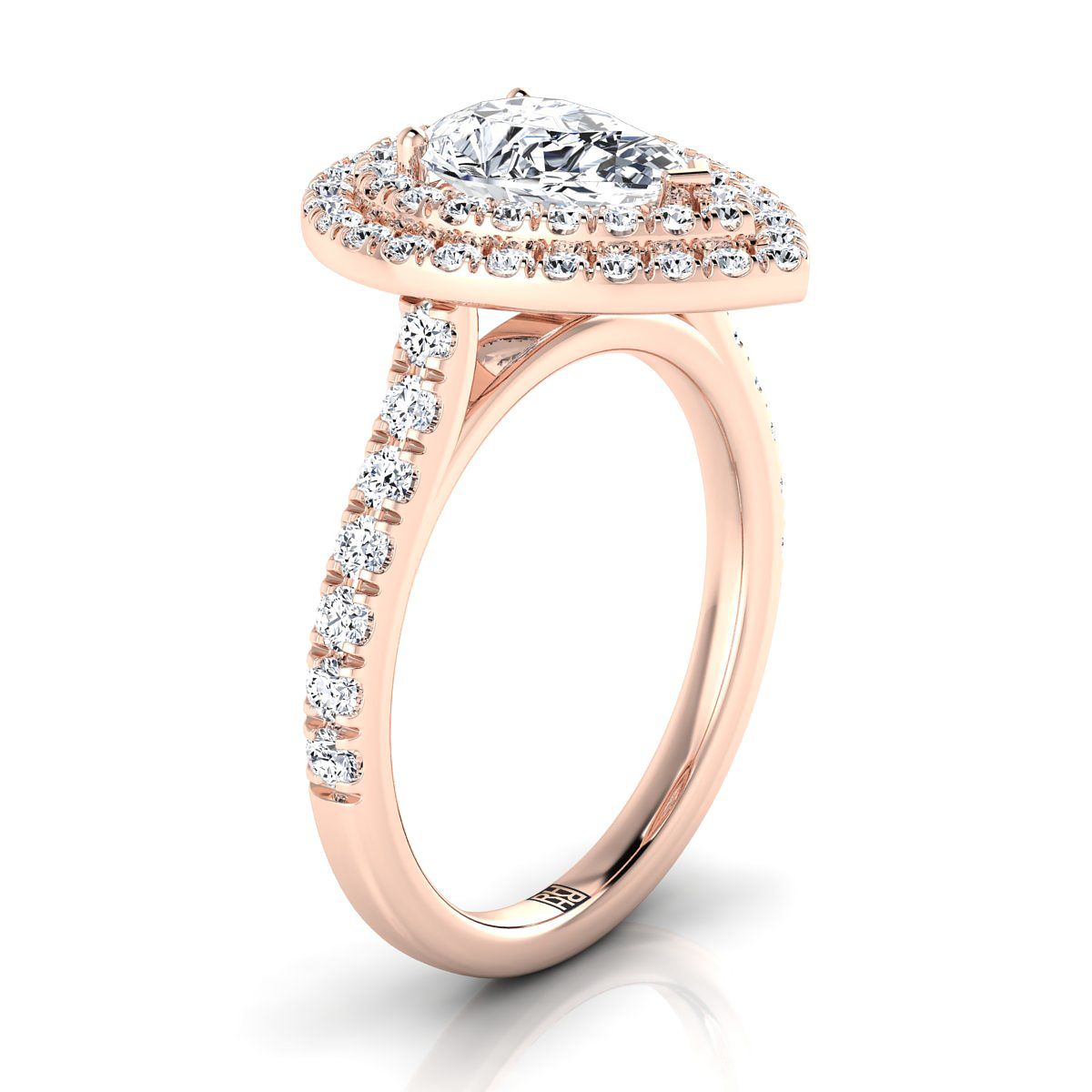 14K Rose Gold Pear Shape Center Double Pave Halo with Linear Diamond Engagement Ring -7/8ctw