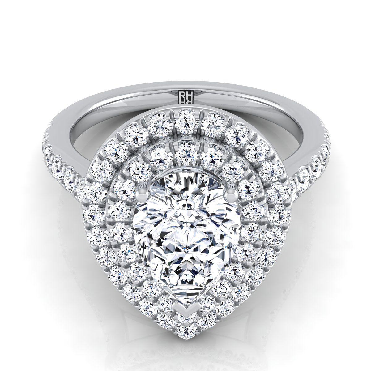 Platinum Pear Shape Center Double Pave Halo พร้อมแหวนหมั้นเพชรเชิงเส้น -7/8ctw