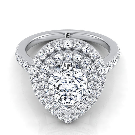 18K White Gold Pear Shape Center Double Pave Halo with Linear Diamond Engagement Ring -7/8ctw