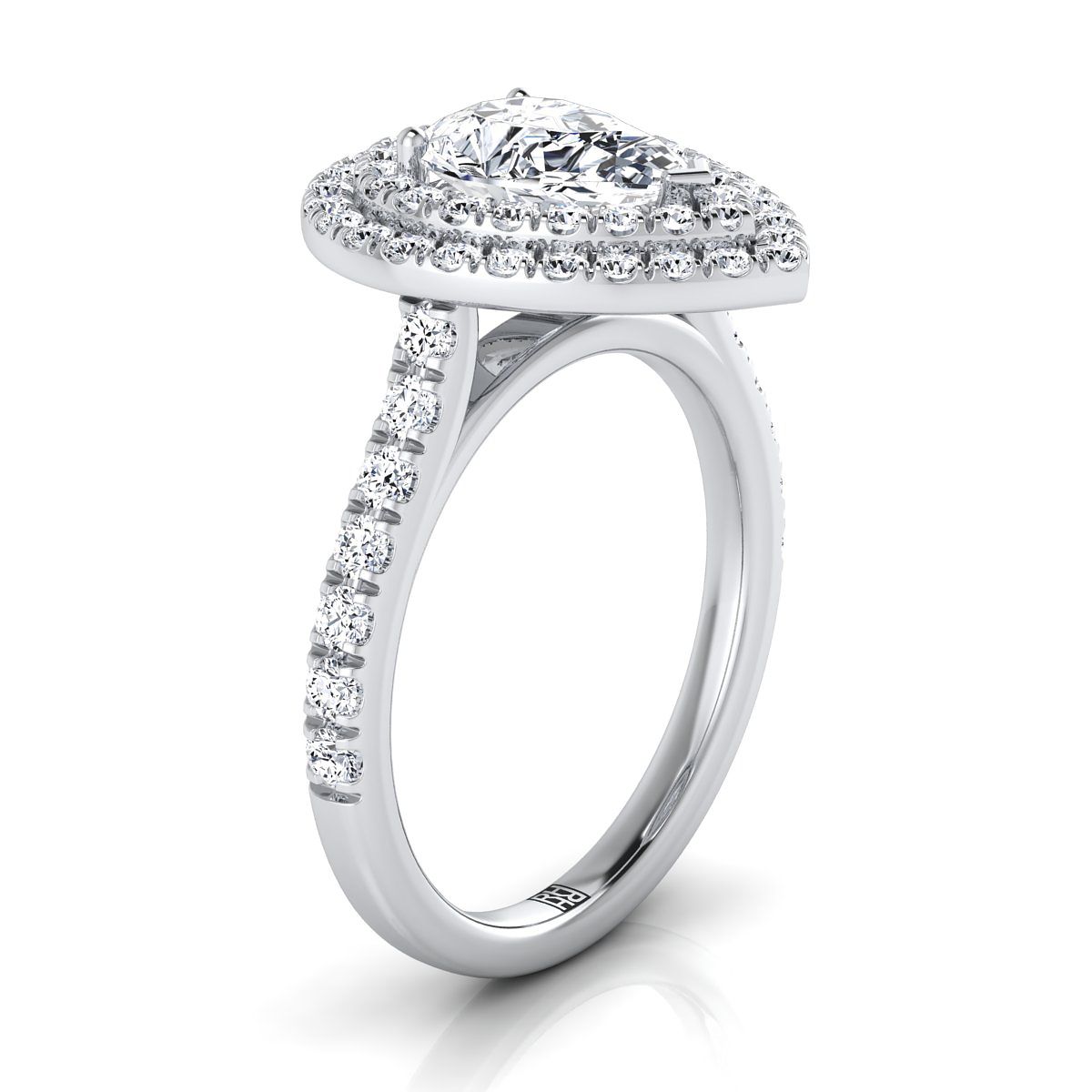 14K White Gold Pear Shape Center Double Pave Halo with Linear Diamond Engagement Ring -7/8ctw