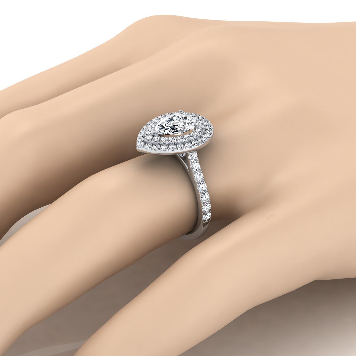 14K White Gold Pear Shape Center Double Pave Halo with Linear Diamond Engagement Ring -7/8ctw