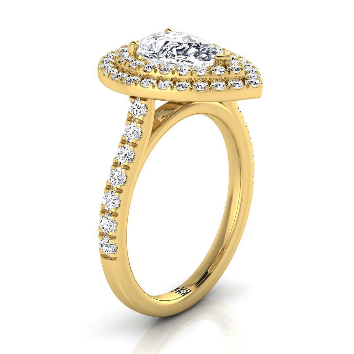 14K Yellow Gold Pear Shape Center Double Pave Halo with Linear Diamond Engagement Ring -7/8ctw