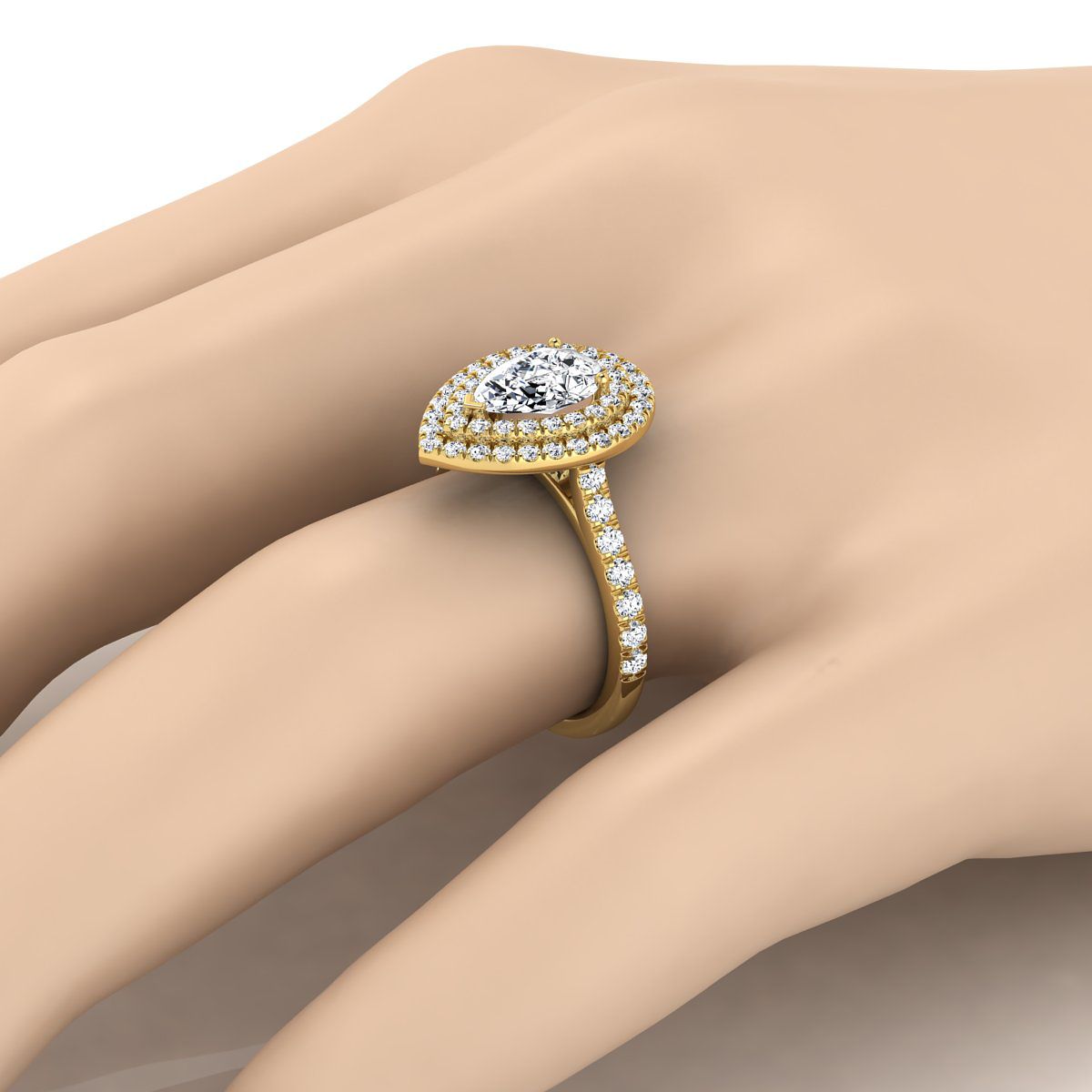 14K Yellow Gold Pear Shape Center Double Pave Halo with Linear Diamond Engagement Ring -7/8ctw