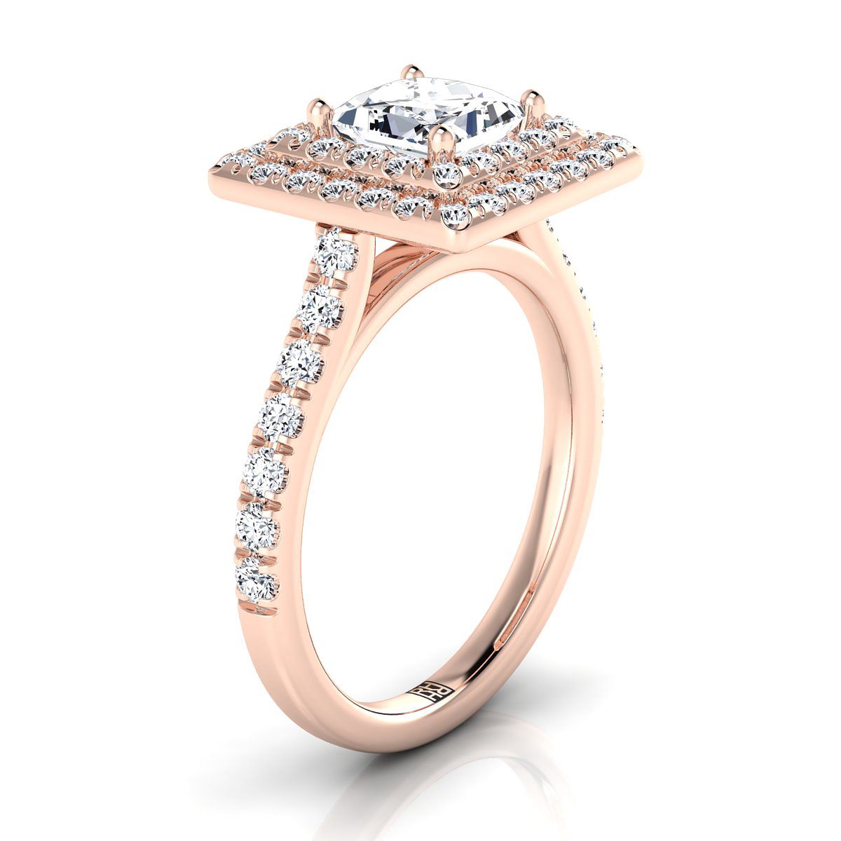 14K Rose Gold Princess Cut Double Pave Halo พร้อมแหวนหมั้นเพชรเชิงเส้น -7/8ctw