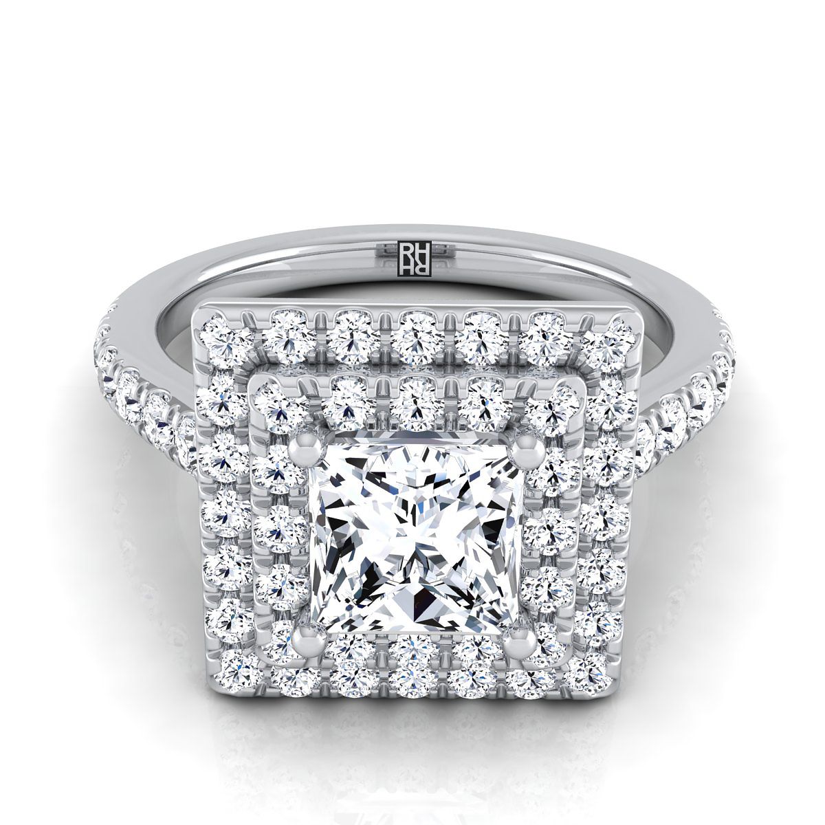 Platinum Princess Cut Double Pave Halo พร้อมแหวนหมั้นเพชรเชิงเส้น -7/8ctw