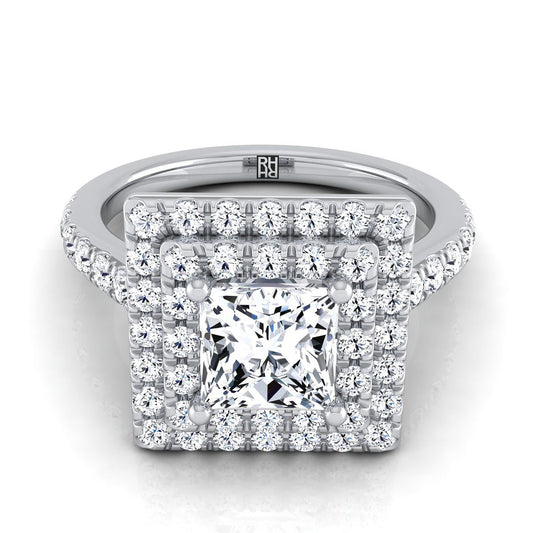 Platinum Princess Cut Double Pave Halo พร้อมแหวนหมั้นเพชรเชิงเส้น -7/8ctw