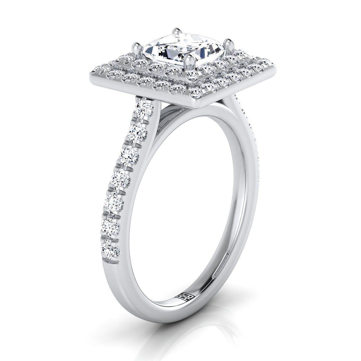 18K White Gold Princess Cut Double Pave Halo with Linear Diamond Engagement Ring -7/8ctw