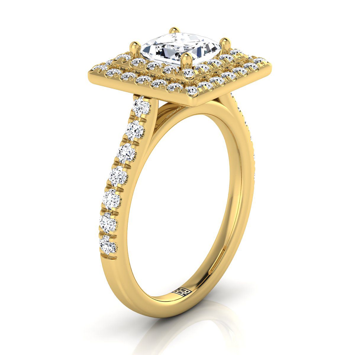 18K Yellow Gold Princess Cut Double Pave Halo with Linear Diamond Engagement Ring -7/8ctw