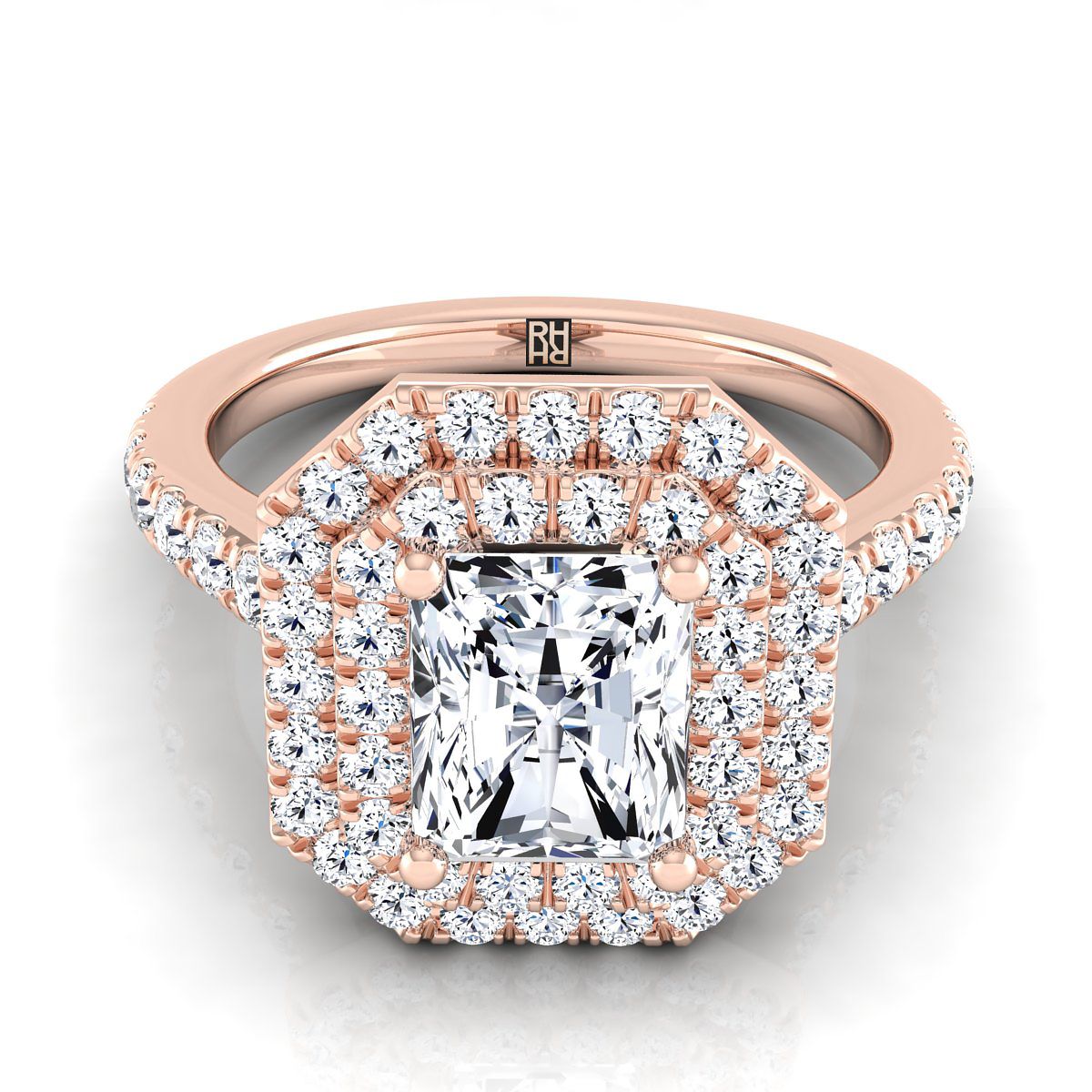 14K Rose Gold Radiant Cut Center Double Pave Halo พร้อมแหวนหมั้นเพชรเชิงเส้น -7/8ctw