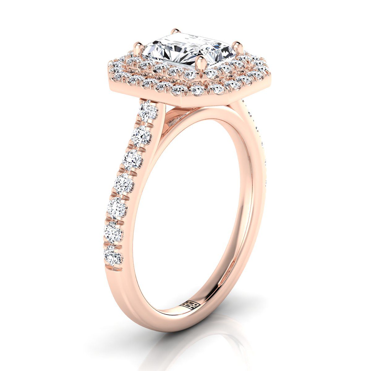 14K Rose Gold Radiant Cut Center Double Pave Halo พร้อมแหวนหมั้นเพชรเชิงเส้น -7/8ctw