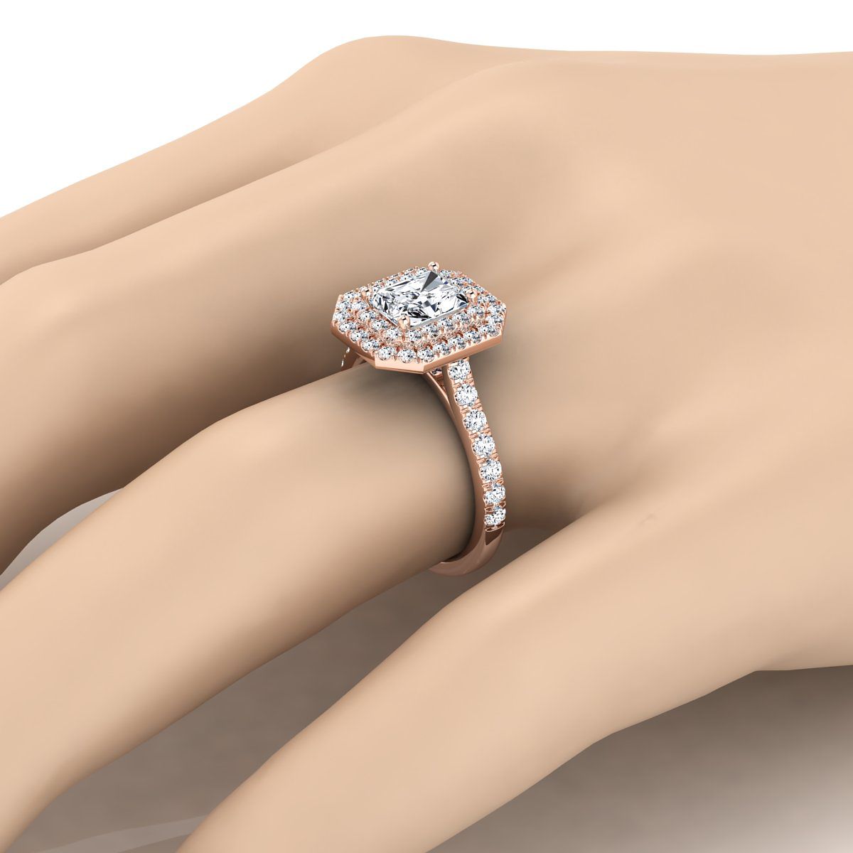 14K Rose Gold Radiant Cut Center Double Pave Halo พร้อมแหวนหมั้นเพชรเชิงเส้น -7/8ctw