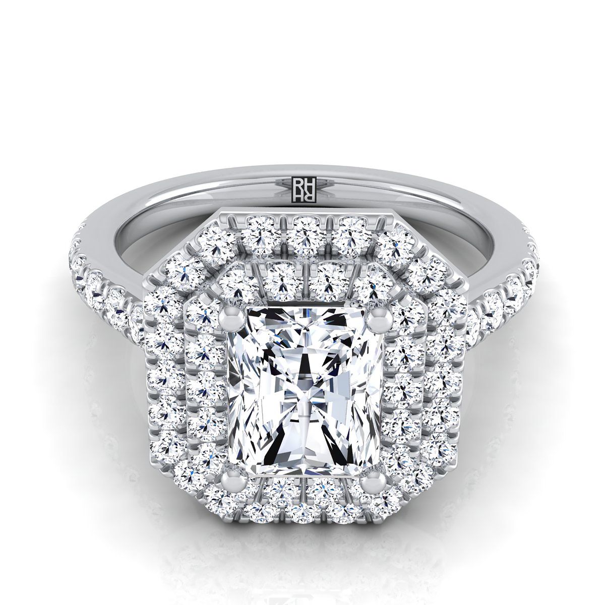 14K White Gold Radiant Cut Center Double Pave Halo with Linear Diamond Engagement Ring -7/8ctw