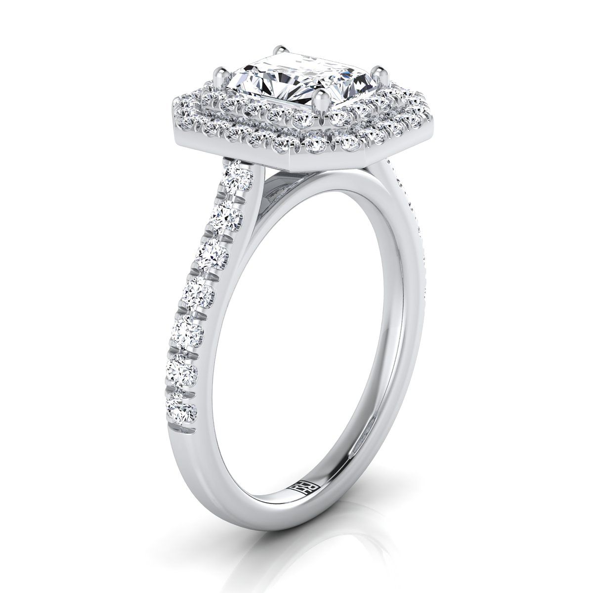 Platinum Radiant Cut Center Double Pave Halo พร้อมแหวนหมั้นเพชรเชิงเส้น -7/8ctw