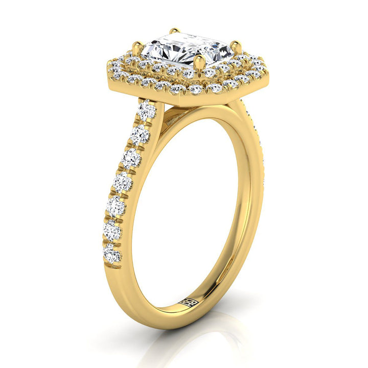 14K Yellow Gold Radiant Cut Center Double Pave Halo with Linear Diamond Engagement Ring -7/8ctw