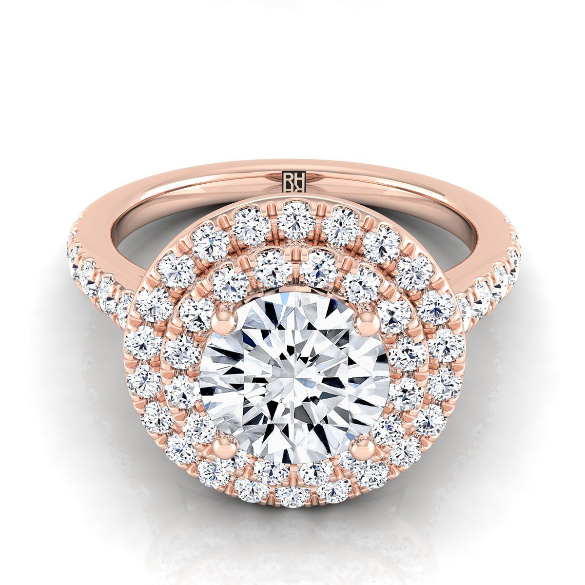 14K Rose Gold Round Brilliant Double Pave Halo พร้อมแหวนหมั้นเพชรเชิงเส้น -3/4ctw