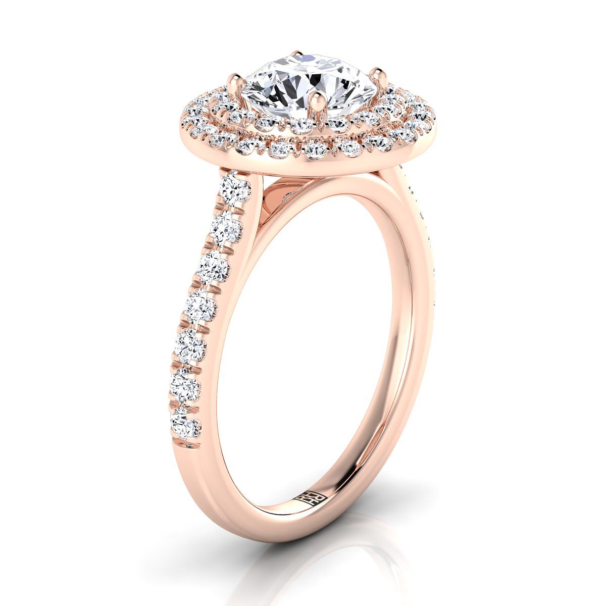 14K Rose Gold Round Brilliant Double Pave Halo พร้อมแหวนหมั้นเพชรเชิงเส้น -3/4ctw