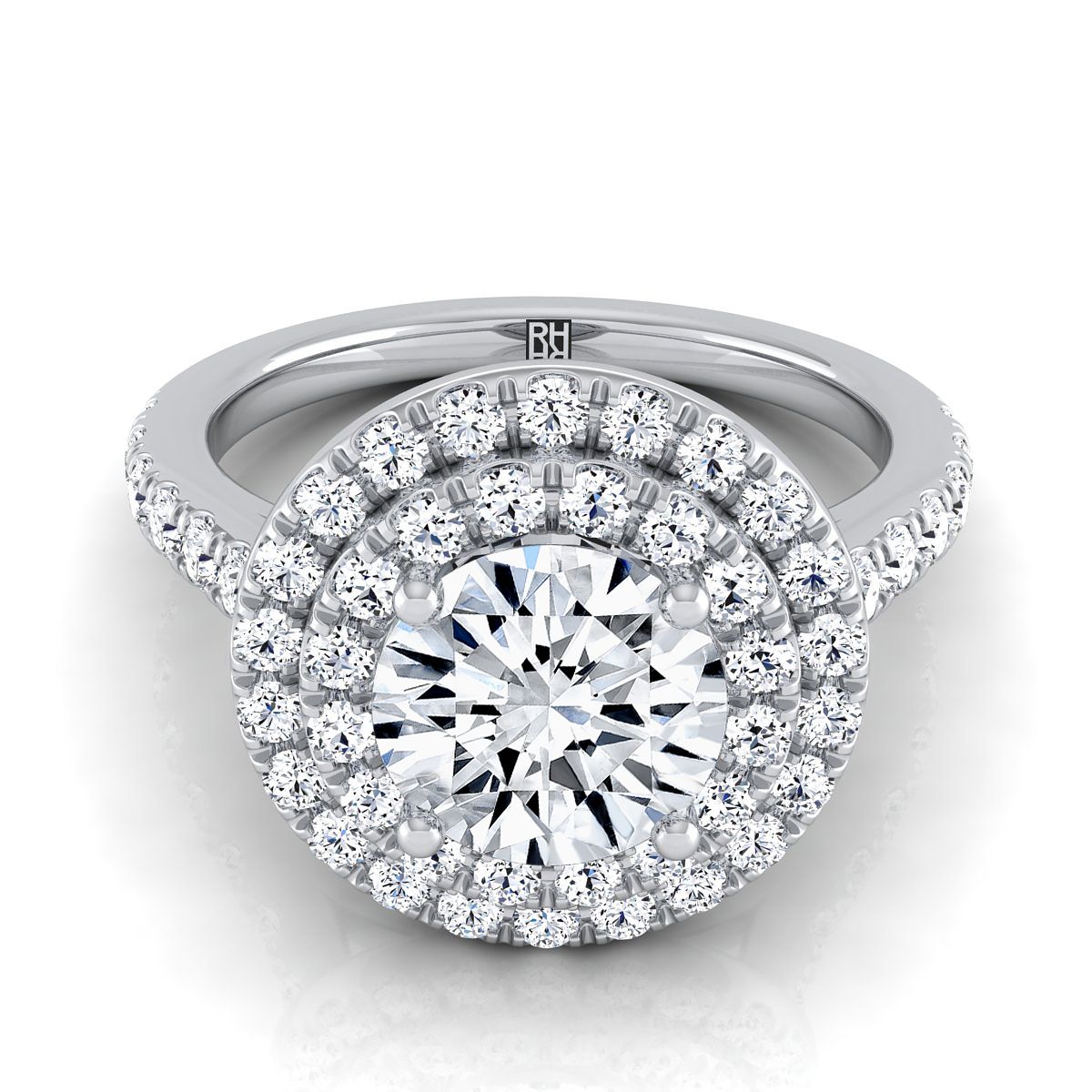 14K White Gold Round Brilliant Double Pave Halo with Linear Diamond Engagement Ring -3/4ctw