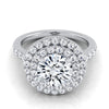 18K White Gold Round Brilliant Double Pave Halo with Linear Diamond Engagement Ring -3/4ctw