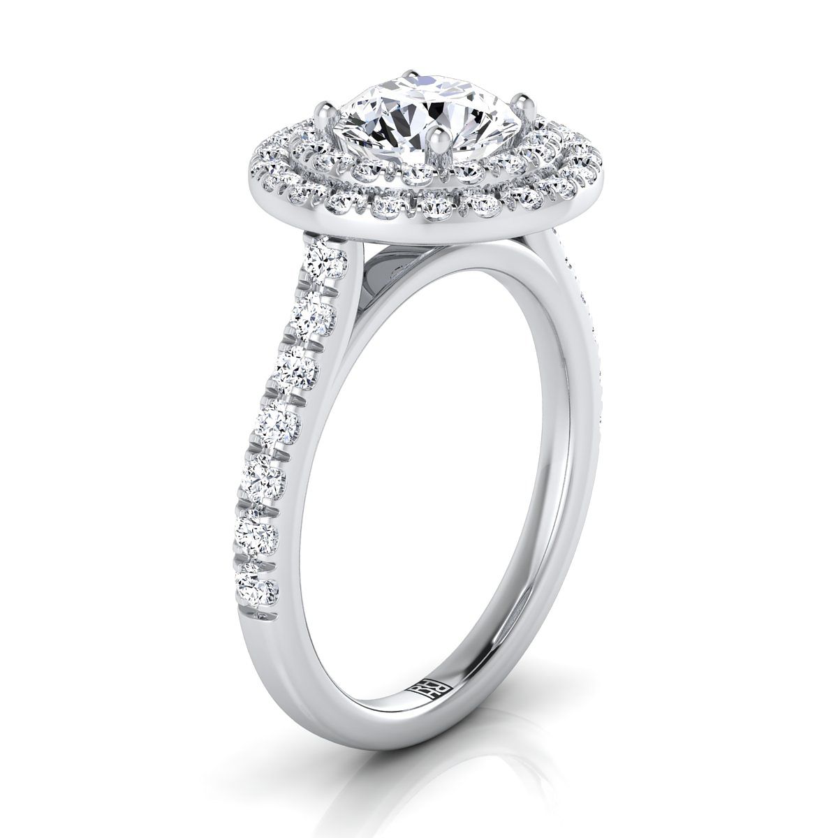 14K White Gold Round Brilliant Double Pave Halo with Linear Diamond Engagement Ring -3/4ctw