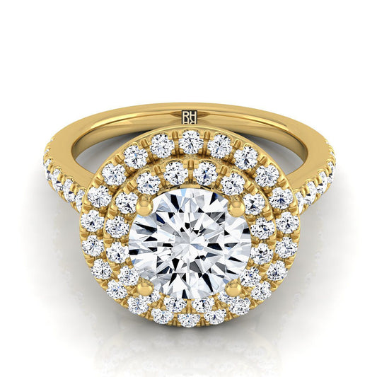 14K Yellow Gold Round Brilliant Double Pave Halo with Linear Diamond Engagement Ring -3/4ctw