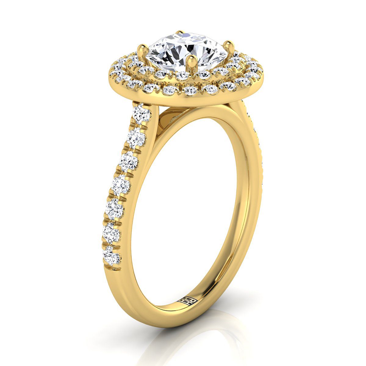 14K Yellow Gold Round Brilliant Double Pave Halo with Linear Diamond Engagement Ring -3/4ctw