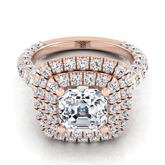 แหวนหมั้นเพชรทรง Asscher Cut 14K Rose Gold ทรงหนาและแฟนซี Double Halo French Pave -2 กะรัต