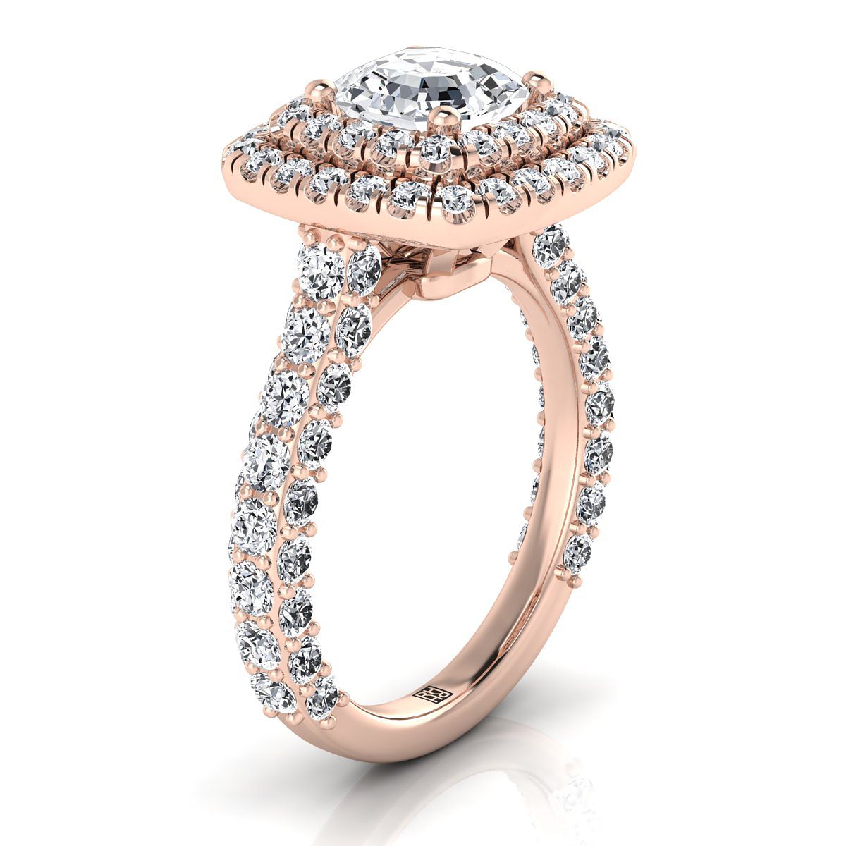 แหวนหมั้นเพชรทรง Asscher Cut 14K Rose Gold ทรงหนาและแฟนซี Double Halo French Pave -2 กะรัต