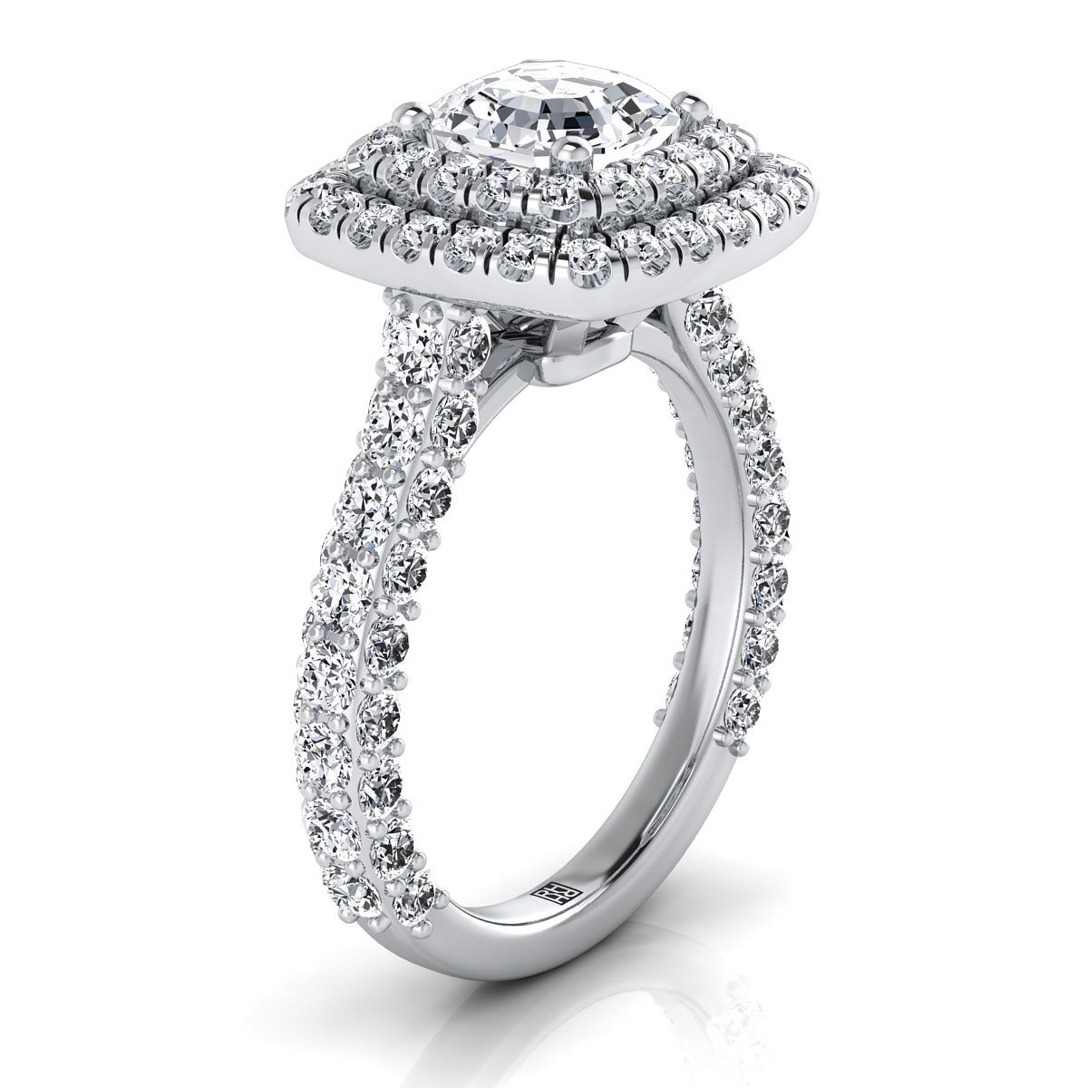 แหวนหมั้น ทองคำขาว 14K Asscher Cut เพชรหนาและแฟนซี Double Halo French Pave -2 กะรัต