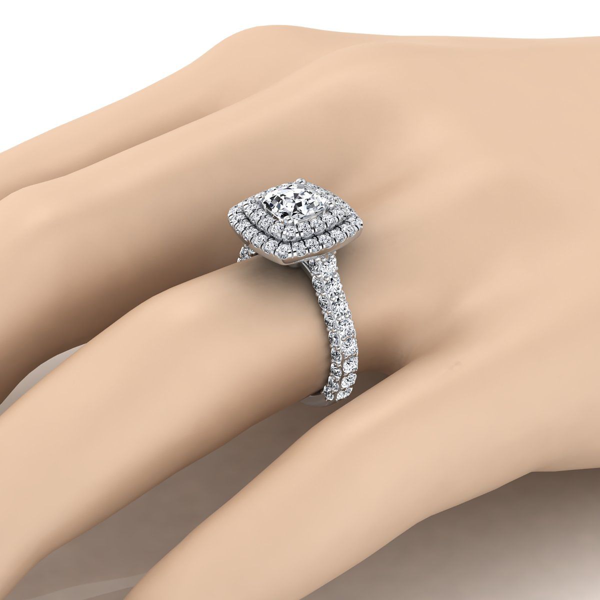 แหวนหมั้น ทองคำขาว 14K Asscher Cut เพชรหนาและแฟนซี Double Halo French Pave -2 กะรัต